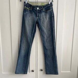 Pepe Jeans Y2K Low Rise Blue Boot Cut Women's 27 28 Stretch Green Stitching